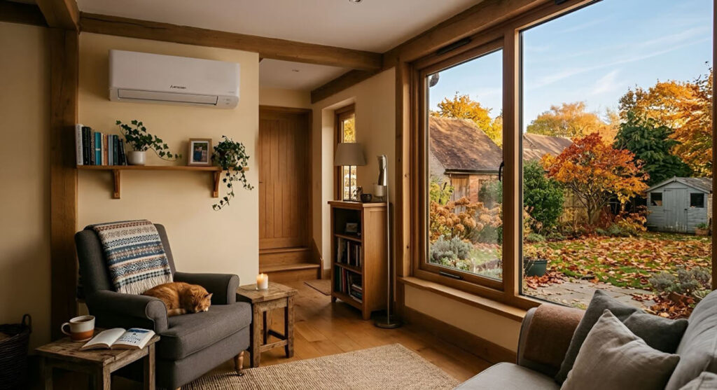 Klima-uređaj u kući u ruralnoj sredini sa vidljivim pejzažem jeseni kroz prozor