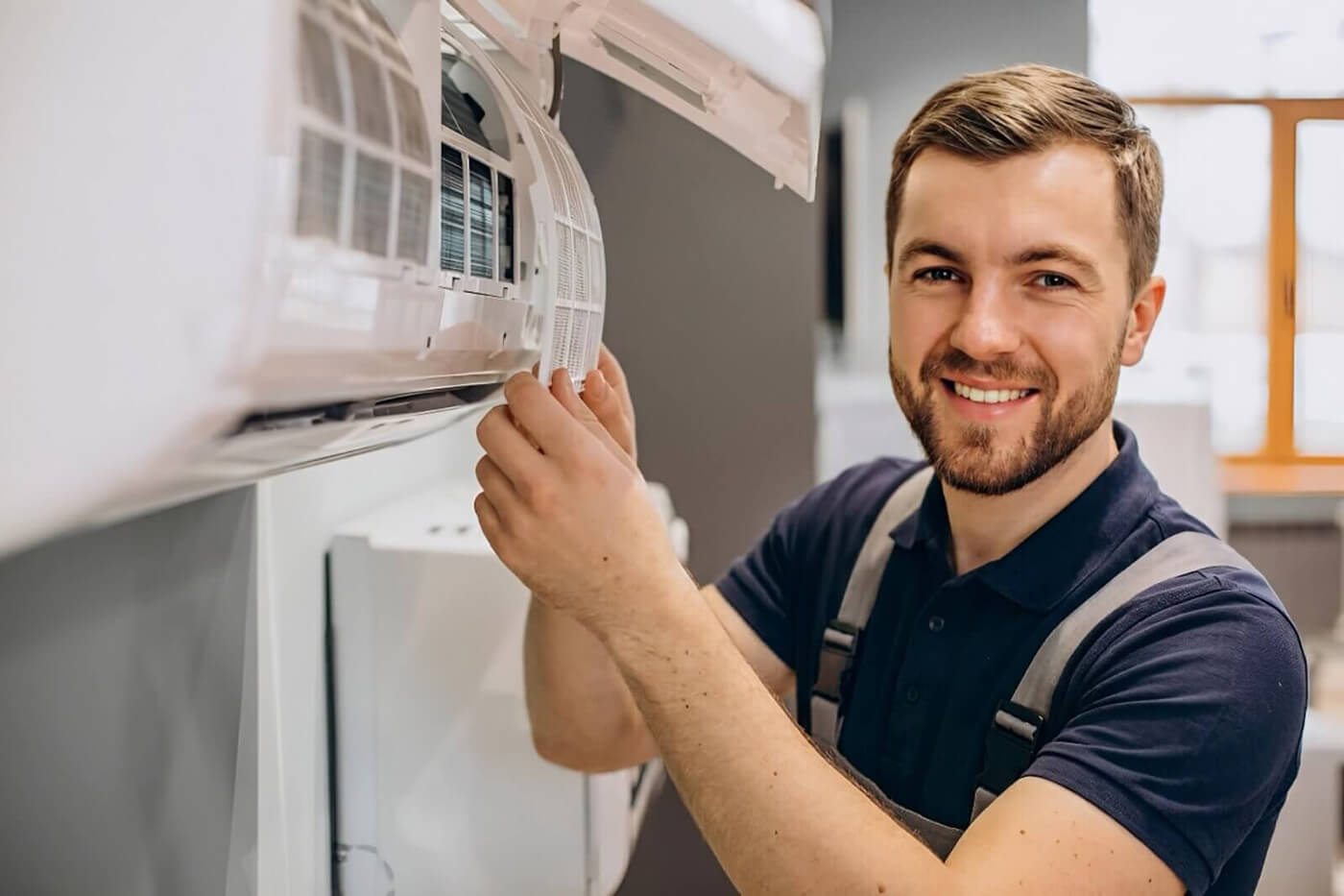 Serviser klima-uređaja vadi filter iz otvorene klime