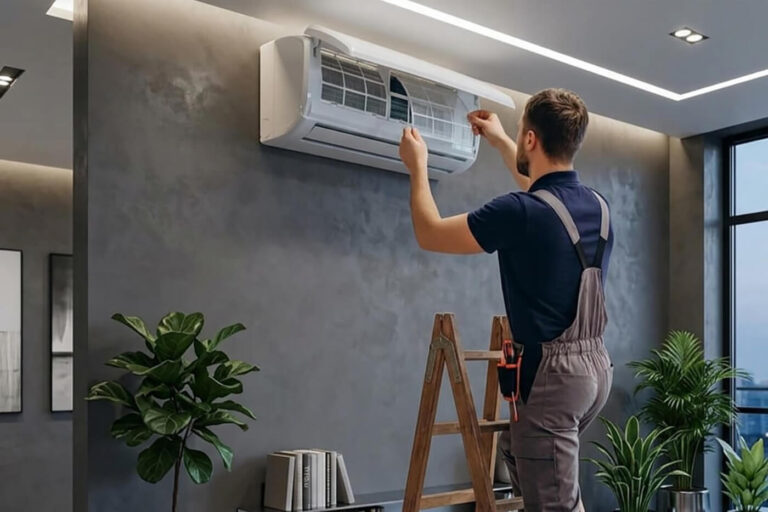 Serviser klime skida filtere sa klime u modernoj poslovnoj zgradi